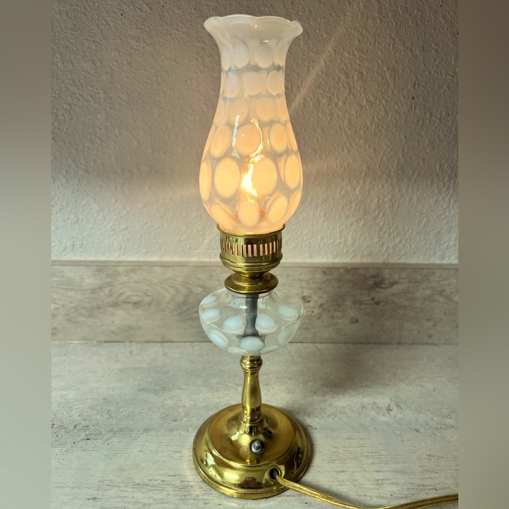 Vintage Fenton White Opalescent Coin Dot Glass & Brass Boudoir Lamp